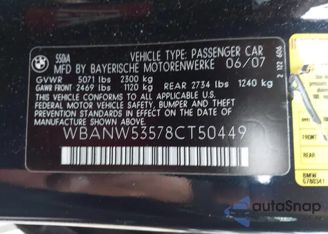 2008 BMW 550I from USA, damaged, VIN WBANW53578CT50449